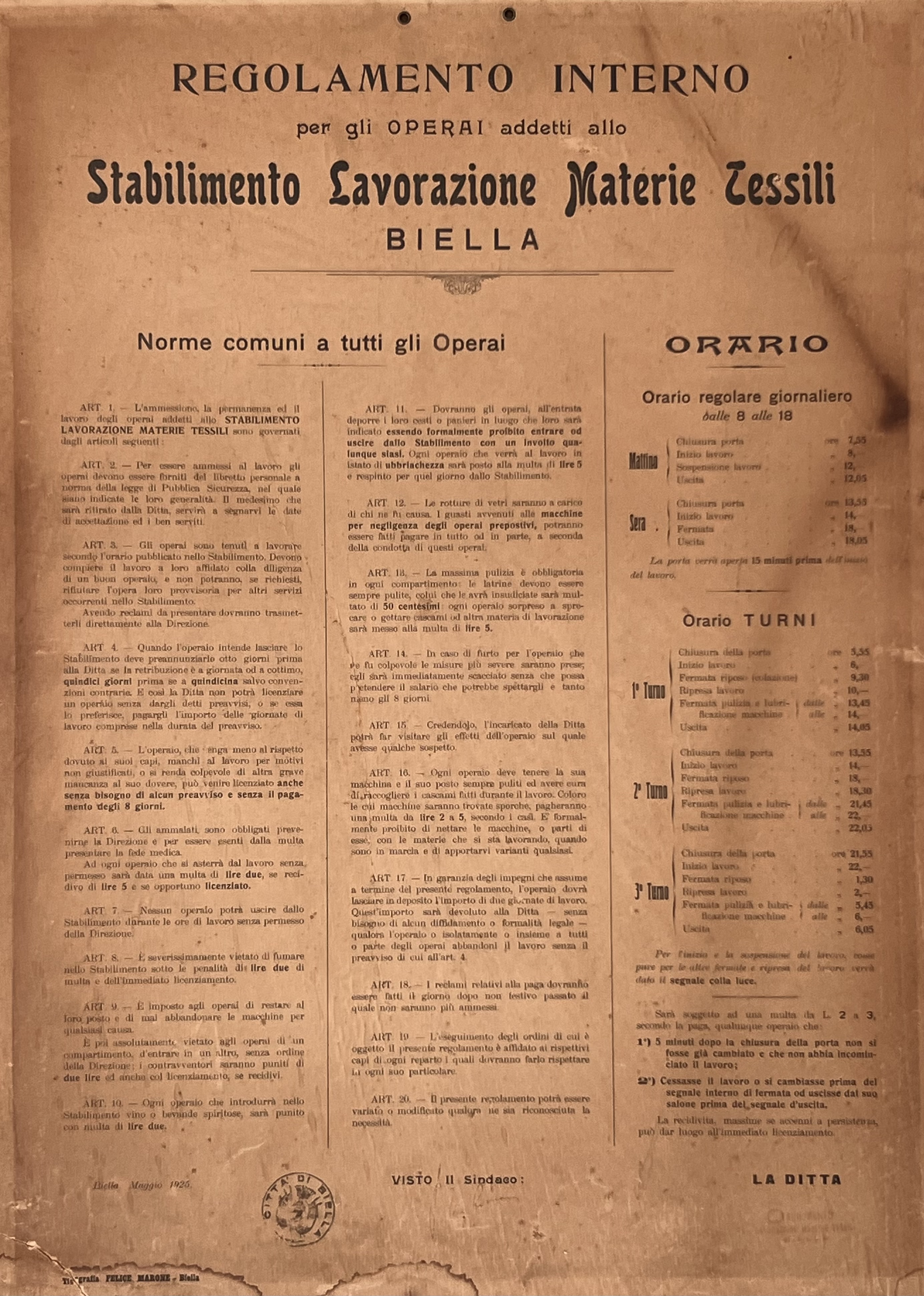 Regolamento “Stabilimento Lavorazione Materie Tessili”